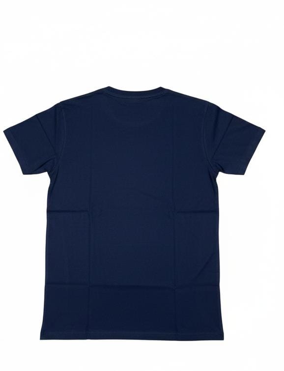 Navy blue cotton T-shirt back view with classic round neck and short sleeves