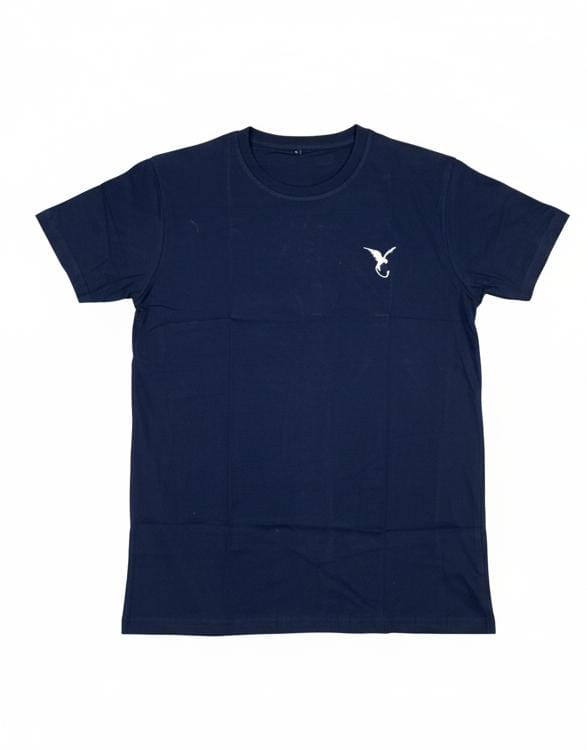 Navy blue cotton T-shirt front view with minimal chest logo and round neck
