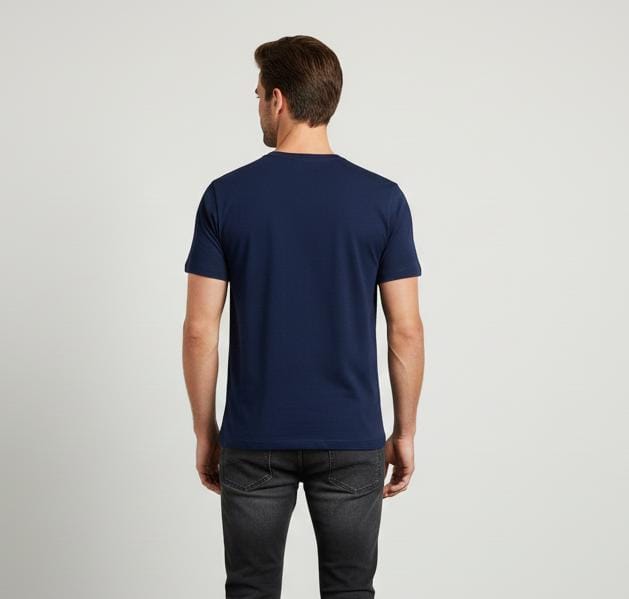 Men wearing navy blue cotton T-shirt back view showing regular fit design