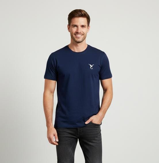 Men wearing navy blue cotton T-shirt front view with minimal logo and regular fit