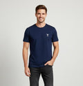 Men wearing navy blue cotton T-shirt front view with minimal logo and regular fit