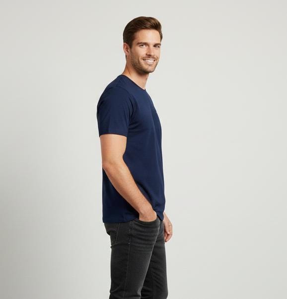 Side view of men wearing navy blue cotton T-shirt with comfortable regular fit