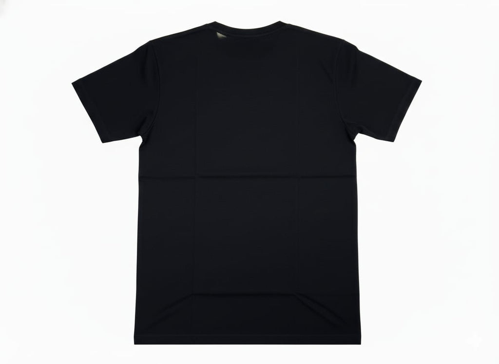 Back view of black men’s t-shirt, plain design with no print, flat lay product image on white background

