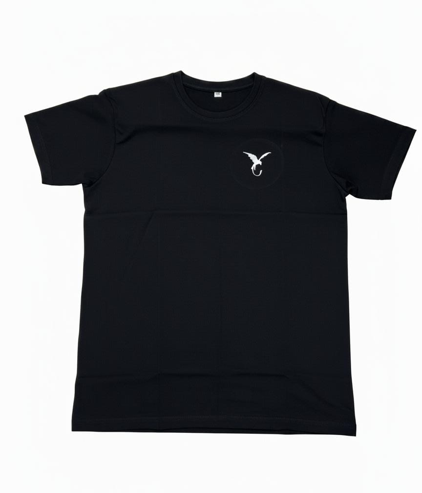 Black men’s t-shirt with minimal chest logo, flat lay front view on white background
