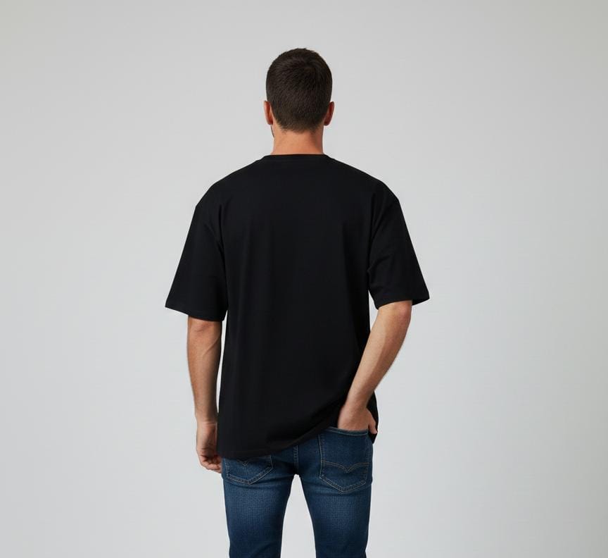 Back view of men’s black oversized anime T-shirt