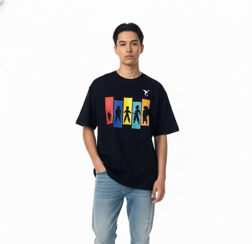 Men wearing black oversized superhero silhouette graphic T-shirt front view