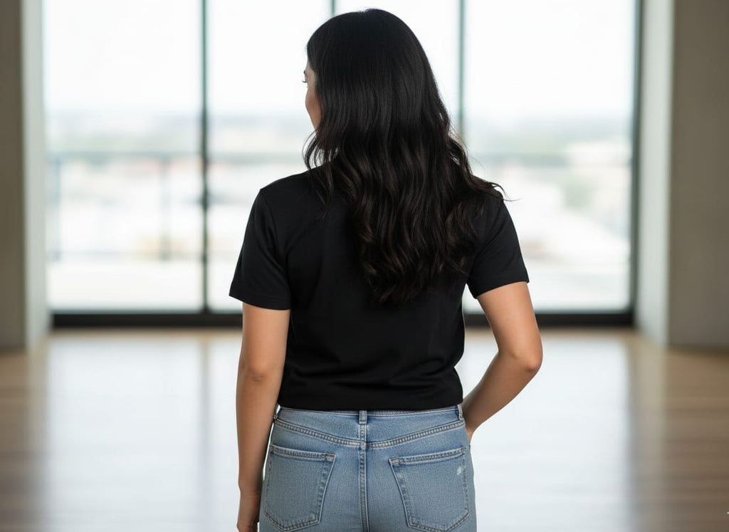 Back view of woman wearing black women’s t-shirt, plain design with no print, casual fit in indoor lifestyle setting
