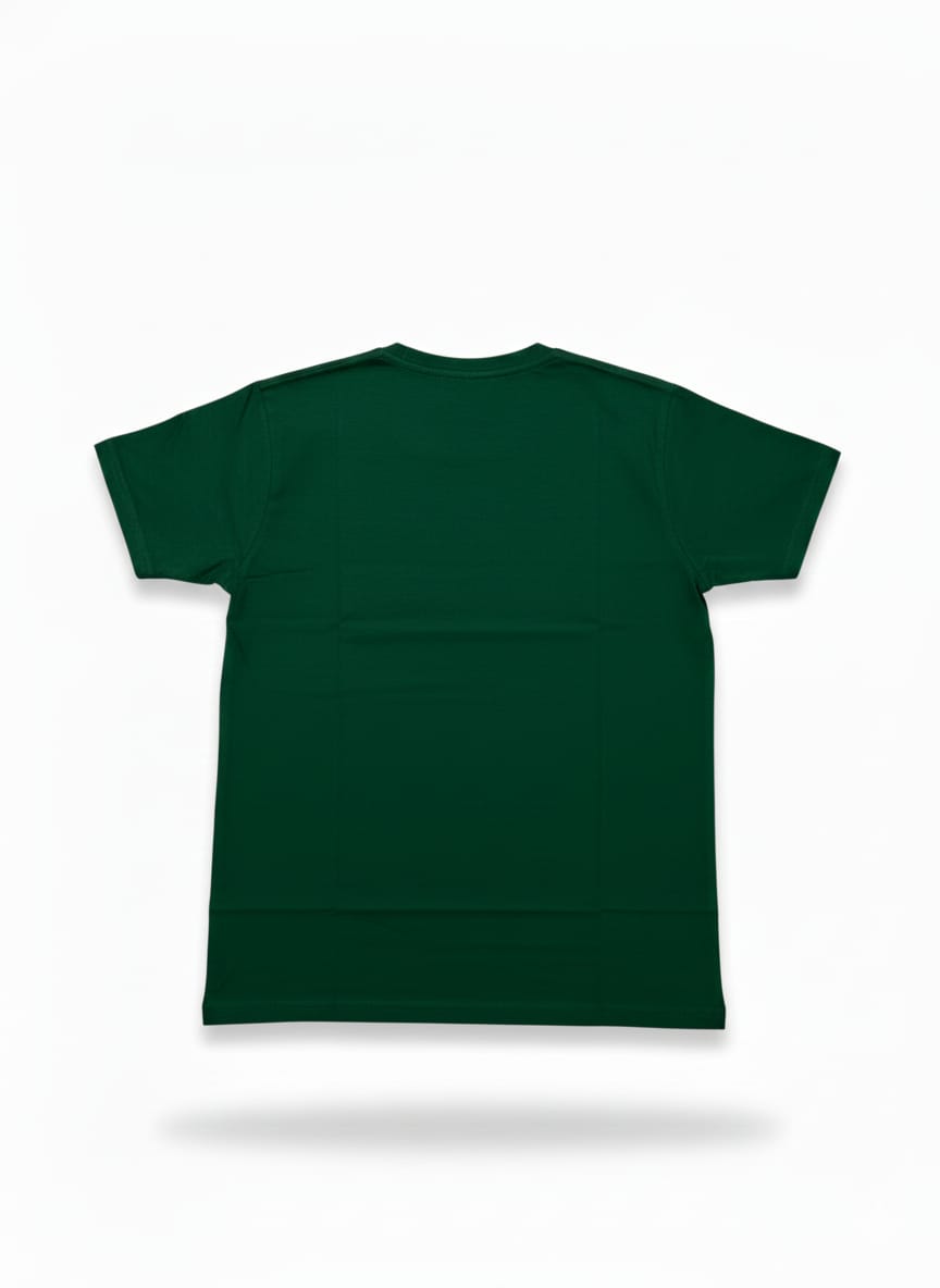 Back view of dark green men’s t-shirt, plain design with no print, flat lay product image on white background
