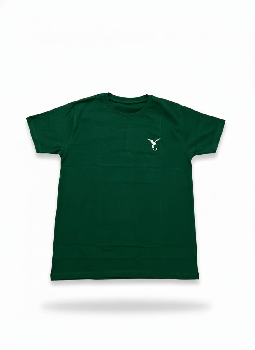 Dark green men’s t-shirt with minimal chest logo, flat lay front view on white background
