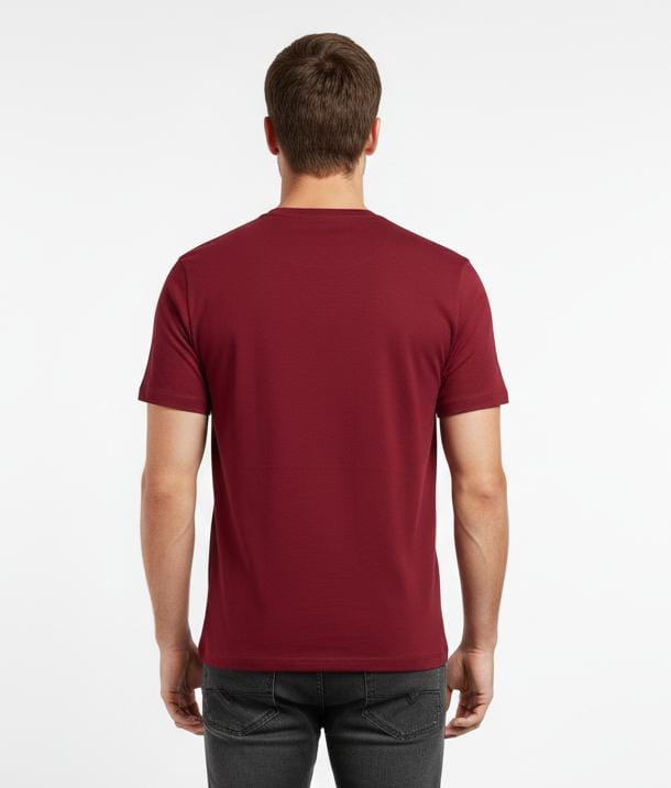 Men wearing maroon cotton T-shirt back view showing regular fit design