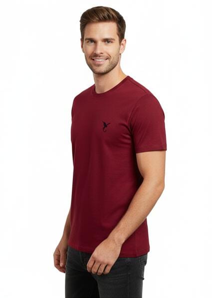Side view of men wearing maroon cotton T-shirt with comfortable regular fit