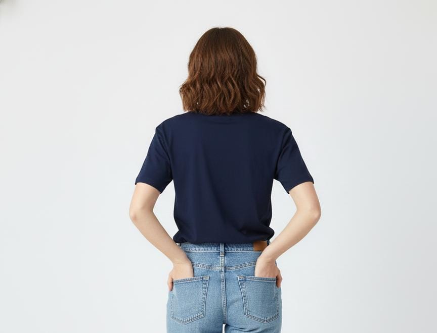Back view of woman wearing navy blue women’s t-shirt, plain design with no print, short sleeves on plain background
