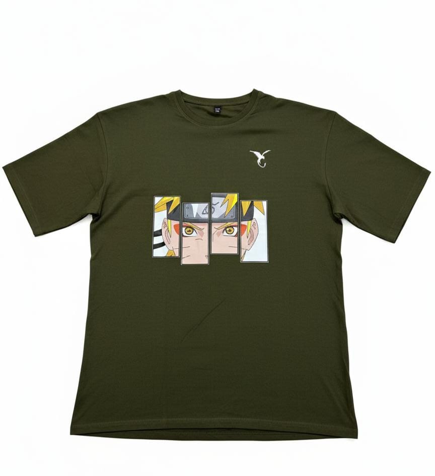 Olive green men’s t-shirt with anime graphic print on front, flat lay product image on plain background
