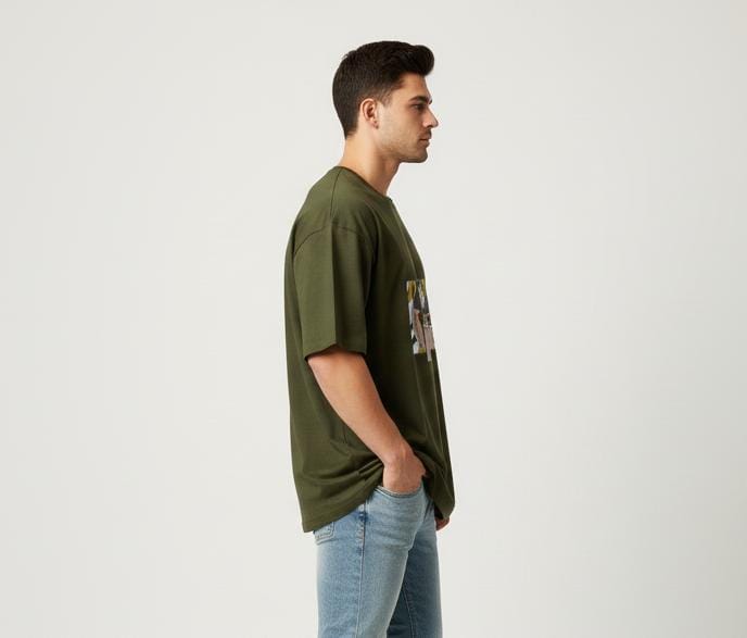 Side view of man wearing olive green oversized men’s t-shirt with anime graphic print, short sleeves, relaxed fit on plain background
