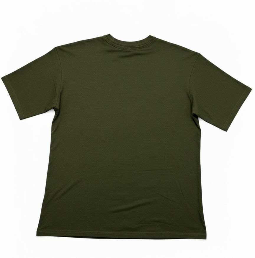 Back view of olive green men’s t-shirt, plain design with no print, flat lay product image on white background
