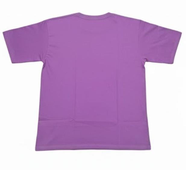 Back view of purple men’s t-shirt, plain design with no print, flat lay product image on plain background
