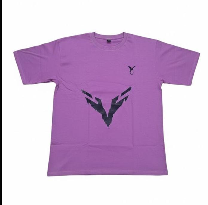 Purple men’s t-shirt with front graphic print and small chest logo, flat lay product image on plain background
