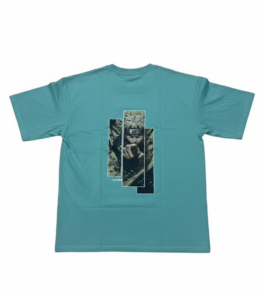 Back view of teal blue men’s t-shirt with anime graphic print, flat lay product image on plain background
