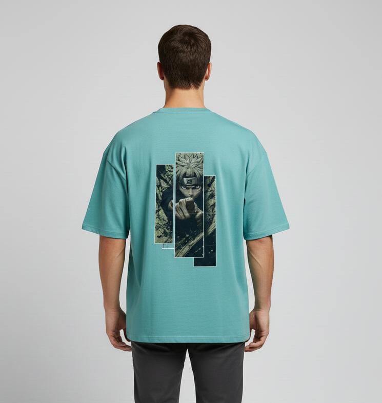 Back view of man wearing teal blue oversized men’s t-shirt with anime graphic print on back, short sleeves, casual fit on plain background
