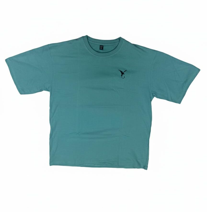 Teal blue men’s t-shirt with minimal chest logo, flat lay front view on plain background
