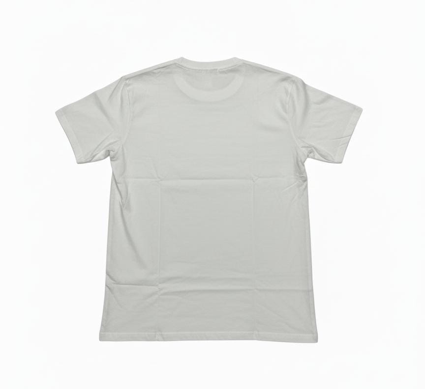 Back view of white men’s t-shirt, plain design with no print, flat lay product image on white background
