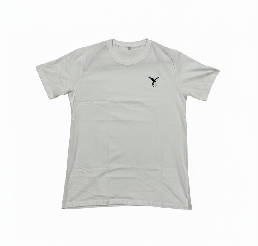 White men’s t-shirt with minimal chest logo, flat lay front view on white background
