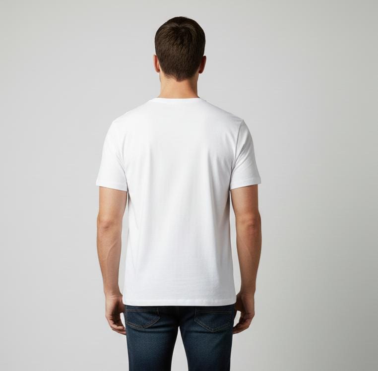 Back view of man wearing white men’s t-shirt, plain design with no print, short sleeves on plain background
