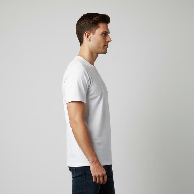 Side view of man wearing white men’s t-shirt, short sleeves, regular fit on plain background
