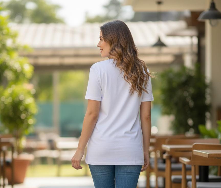Back view of woman wearing white women’s t-shirt, plain design with no print, casual fit in outdoor lifestyle setting
