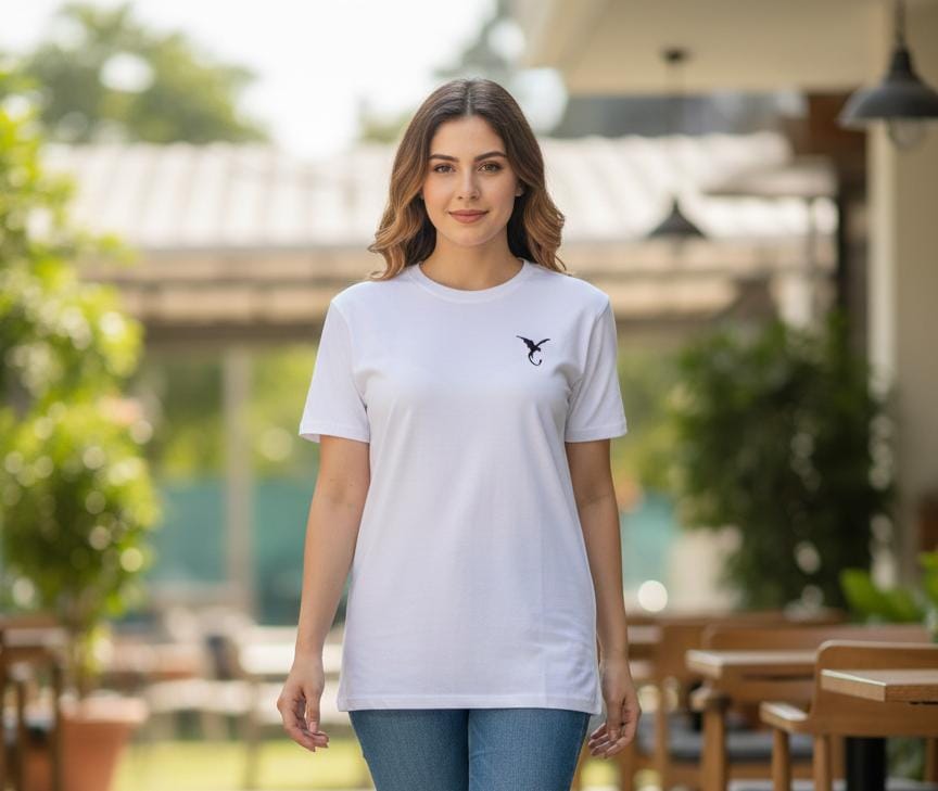 Woman wearing white women’s t-shirt with minimal chest logo, casual fit, front view in outdoor lifestyle setting
